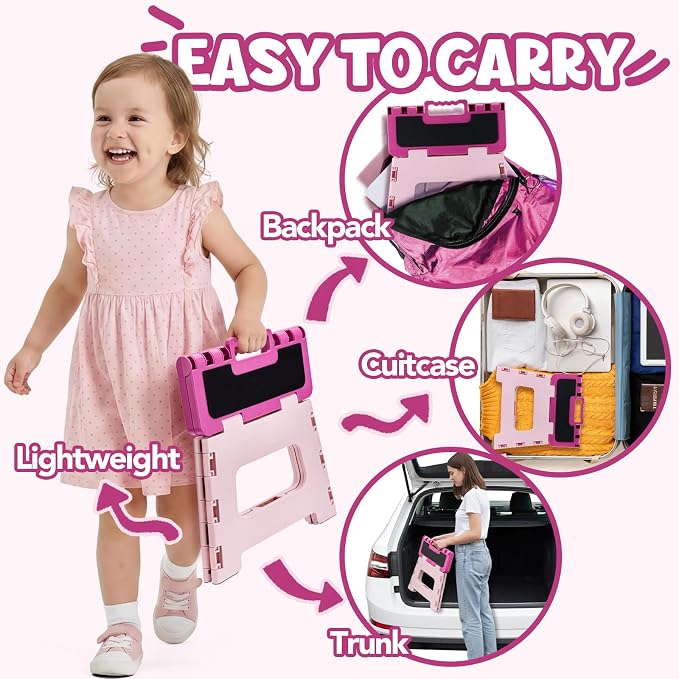 Delxo 9 Inch Folding Step Stool for Kids - Includes 3 Alphabet Letter Stickers & 2 Non-Slip Grip Pads, Sturdy Foldable Foot Stool for Toddlers, Kitchen, Bathroom & Bedroom (Pink)