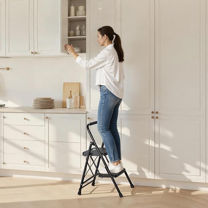VEVOR 2 Step Ladder, Folding Step Stool with Wide Anti-Slip Pedal and Comfort Handgrip, Lightweight 600 lbs Capacity Portable Steel Ladder, Multi-Use for Kitchen, Home, Household and Office, Black