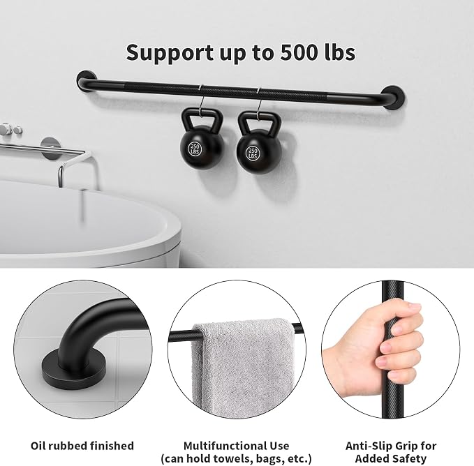 Black Grab Bar 40 Inch, iHansee Anti-Slip Bathroom Grab Bar w/Knurled Grip, Stainless Steel Safety Handrail for Toilet Bathtub Shower, Wall Mounted Matte Black Handicap Bars Handle for Senior Elderly