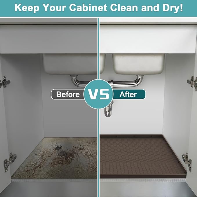 Under Sink Tray for Kitchen Waterproof, Silicone Under Kitchen Sink Mats and Protectors for 34" x 22" Cabinets, Under Sink Tray Organizer, Shelf Liner Cabinet Liner for Bathroom, Brown