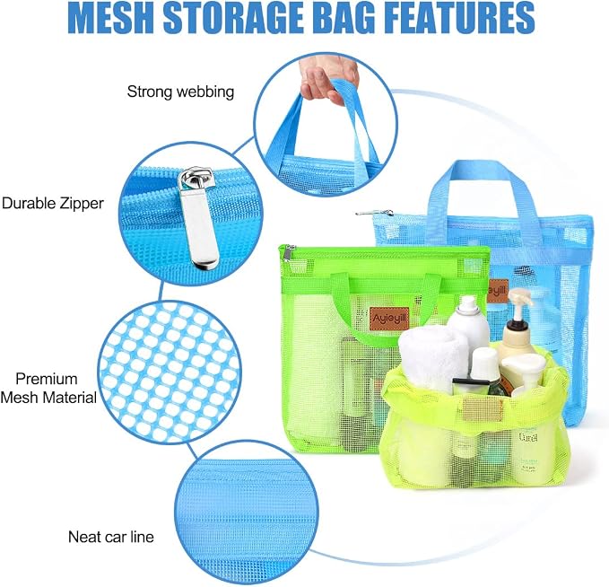 3 Pcs Portable Mesh Shower Caddy Tote, Quick Dry Tote Bag Mesh Beach Bags for Women, Hanging Toiletry and Bath Organizer for Travel Swimming Sports Gym Camp Shopping College Dorms (Blue Green Yellow)