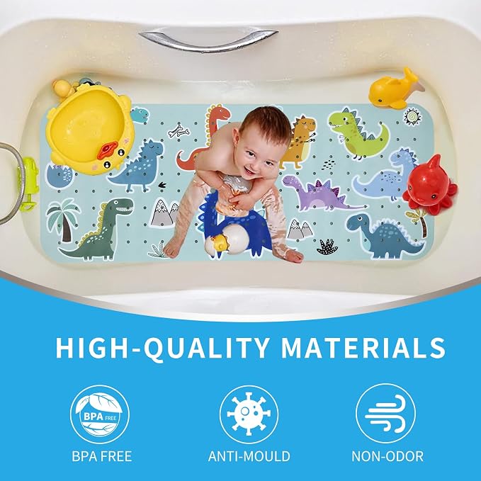 Bath Tub Shower Mat Non Slip Kids Bathtub Mat Anti Slip Baby Bath Mat for Tub 40 x 16 Inch Extra Long Toddler Bath Mat with Suction Cups and Drain Holes for Bathroom Floor,Machine Washable,Dinosaurs