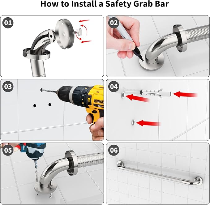 Chrome Bathroom Grab Bars 32 Inch, iHansee Anti Slip Grab Bar w/Knurled Grip, Stainless Steel Safety Handle for Bathtub, Wall Mounted Balance Support Handrail, Handicap Shower Bars for Senior Elderly