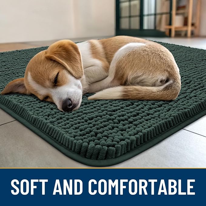 Smiry Dog Door Mat for Muddy Paws 71x46, Absorbent Dirt Trapper, Non-Slip Washable Chenille Entryway Rug for Inside Floor, Green, Classic Solid