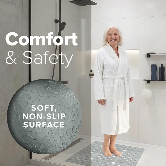 SlipX Solutions 27" Oversize Square Shower Mat, Non-Slip Mat for Elderly & Kids, 100+ Power Grip Suction Cups for Smooth Surfaces, Machine Washable, Translucent Gray