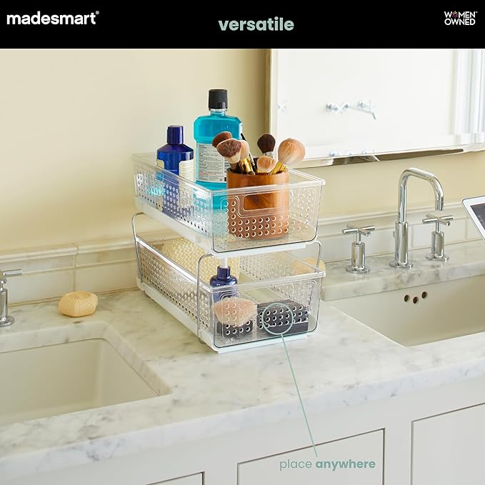 madesmart 2 Tier Organizer, Under Cabinet Storage with Pull Out Sliding Drawers, for Cleaning Supplies, Undersink Storage, Sponges, Bottles & Bath, Adjustable Dividers & Pull Out Baskets, Clear