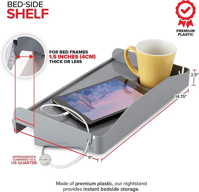 Modern Innovations Bedside Shelf for Bed, College Dorm Room, Bunk Bed Shelf for Top Bunk, Clip On Nightstand Tray with Cord and Cup Holder, Bunkbed Caddy for Table Storage (Dark Gray)