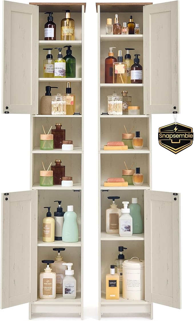 SONGMICS Home 67-Inch Tall Bathroom Storage Cabinets, Superfast Toolless Assembly, 11.8-Inch Wide Slim Narrow Freestanding Cabinet with Adjustable Shelves, Kitchen Living Room, 2 Pack, Rustic White