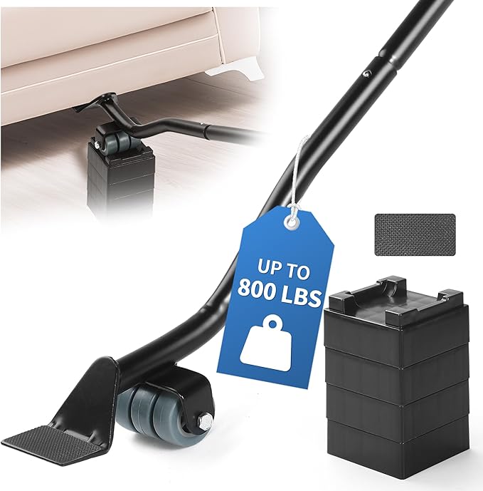 Furniture Lifter Tool Set – Save 80% Effort – Lifts up to 800 lbs – Heavy-Duty Steel Lever with 4 Plastic Base Pads, Ideal for Moving Sofas, Appliances, Furniture Jack Lifter Tool (29 in)