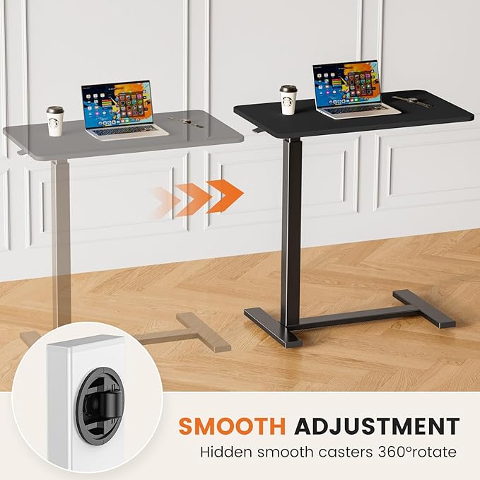 Sweetcrispy Overbed Bedside Table with Wheels Adjustable Hospital Home Use Rolling Laptop Mobile Standing Space Saving Durable Frame Side Storage Shelf Easy Assembly, Black