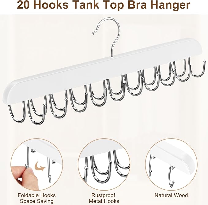 Resovo Bra Hanger for Closet, Tank Top Hanger 20 Hooks Capacity Foldable Wood Space Saving Hangers Closet Organizers and Storage for Dorm & Apartment for Tank Top, Bra, Scarf etc.