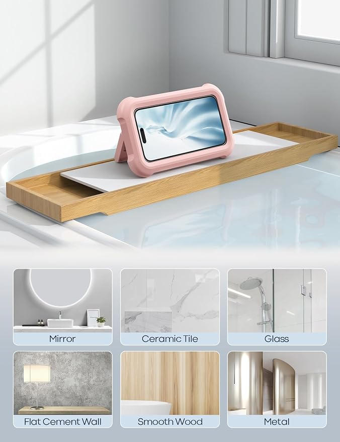 Lamicall Waterproof Shower Phone Holder - Shower Bathroom Bath Cellphone Accessories for Women Girls, Christmas iPhone Accessories Case Wall Mount Stand, Gift Gadget for 4-7" Phones, Pink