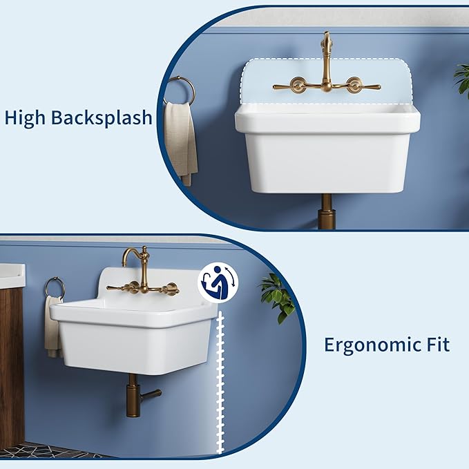 Wall Mounted Laundry Sink 30 x 20 inch, White Ceramic Utility Sink for Laundry & Utility Room, Deep Basin Wall Hung Sink for Washing, Cleaning & Utility Use