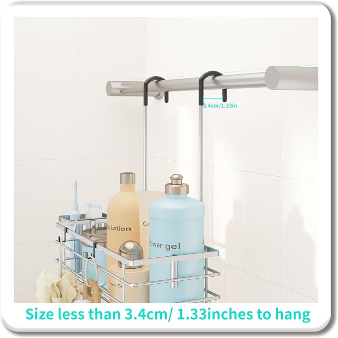 HapiRm Hanging Shower Caddy Organizer - No Drilling Shower Shelves with Hooks and Toothbrush Holder, Rustproof 304 Stainless Steel Bathroom Organizer - Silver