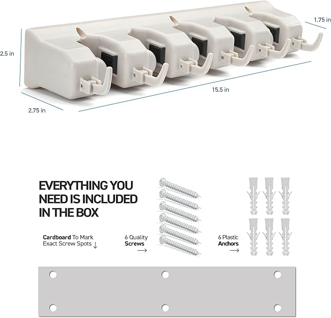 HOME IT Broom and Mop Holder Wall Mount – Heavy Duty Garage Organizer with 5 Slots & 6 Hooks, 7.5lbs Capacity Per Slot - Easy Install Storage Rack for Home, Kitchen, Laundry Room & Garden - Off-White