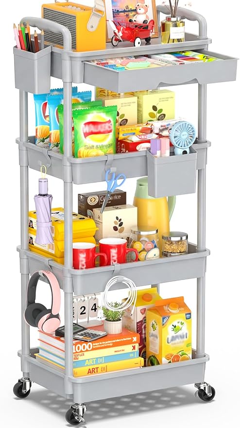 SUNALLY 4 Tier Rolling Utility Cart with Drawer, Storage Organizer Cart with 2 Lockable Wheels, Multifunctional Rolling Storage Cart for Bathroom, Kitchen, Craft, Makeup, Baby Essentials, Gray