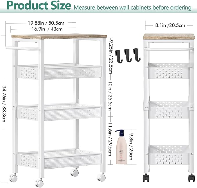 Vivihomety Utility Slim Storage Cart with Wheels, 4 Tier Small Rolling Cart with Wood Top, Metal Kitchen Bathroom Laundry Room Organization Trolley with Handle for Narrow Space - White