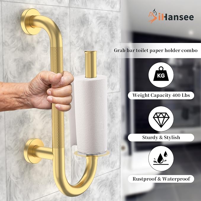 𝐔𝐩𝐠𝐫𝐚𝐝𝐞𝐝 Toilet Grab Bars 16 Inch - Toilet Paper Holder Grab Bar Stainless Steel Knurled Toilet Grab Bars for Seniors Bathtub Bathroom Rails for Elderly Bath Safety Balance Support, Gold