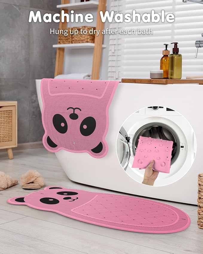 Panda Bathtub Mat Non Slip Kids Natural Rubber Low Odor, Bath Mat for Tub Non Slip for Baby 32"x18", Anti-Slip Surface and Strong Suction Cups Dual Anti-Slip, Machine Washable, Pink