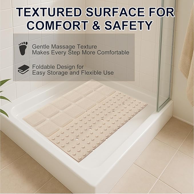 Webos Anti Slip Shower Mat for Tub & Shower Stall, 21" x 21" Square Silicone Bathtub Mat with Powerful Suction Cups, Fast-Draining, Machine Washable Soft Foldable Bathroom Mat, Beige