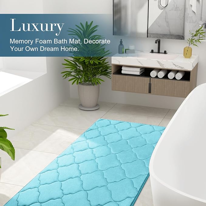 OLANLY Memory Foam Bath Mat Rug 47x20, Ultra Soft and Absorbent Bathroom Rugs, Non-Slip, Comfortable, Machine Washable Bath Carpet for Bathroom Floor, Tub, Shower and Home Decor Accessories, Sky Blue