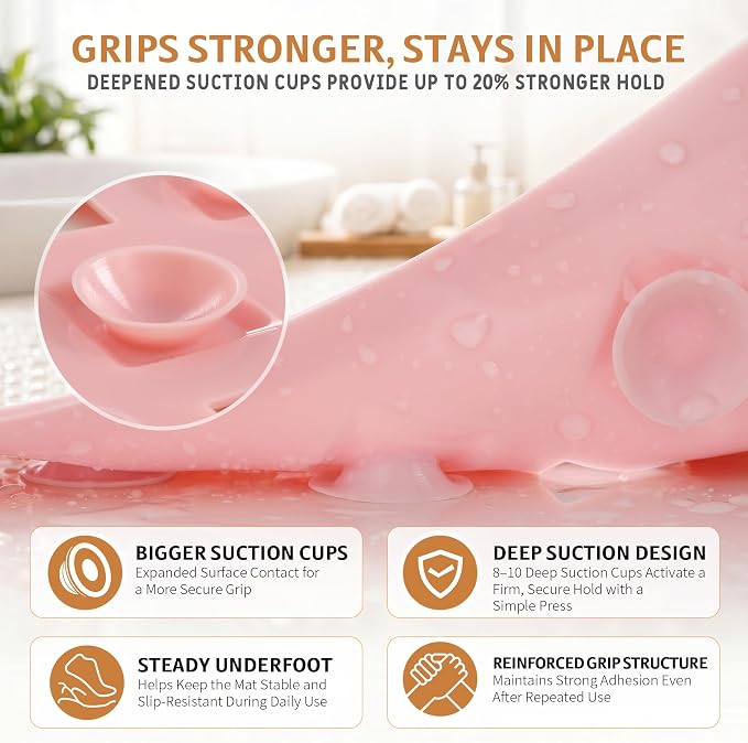 Yimobra Bathtub Mat Non Slip, Super Strong Suction Cups, 28"X16" Long Shower Mat with Drain Holes, Machine Washable Fast Draining Bath Mats, Bathroom Essentials,Pink