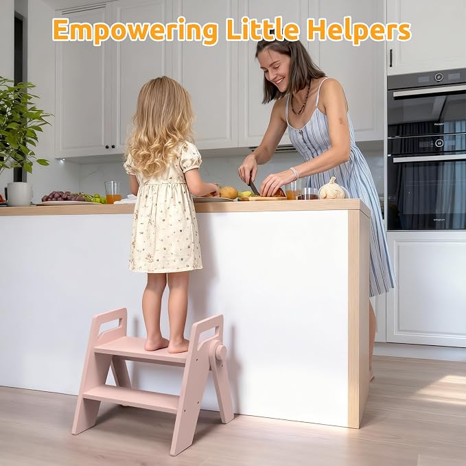 Wooden 2 Step Stool for Toddler Kids Bathroom Foldable 2-Step for Toilet Potty Training, Child Stepping Stool for Kitchen Nursery Bedroom Pink