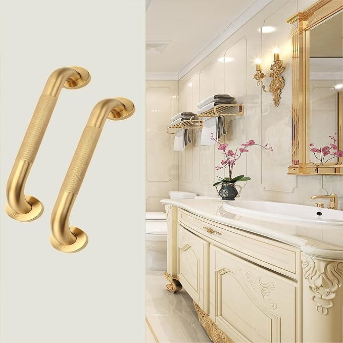 Shower Grab Bar, 2 Pack 16 Inch Gold Bathroom Grab Bar, 1.25" Diameter 304 Stainless Steel Anti-Slip Grab Bars for Bathtubs and Showers, Handicap Shower Grab Bar for Seniors Elderly