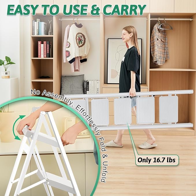 5-Step Folding Ladder, Heavy Duty Ladders for Home & Kitchen, Folding Ladder Easy to Store, Tall Ladder for Adults, Anti-Slip & Space-Saving Step Ladder, 330 Lbs Capacity, White