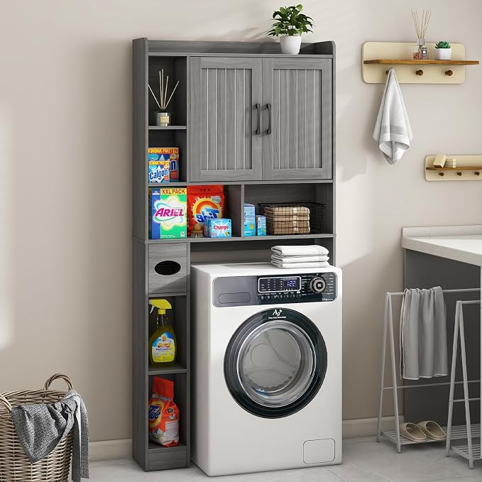 Vabches Over The Toilet Storage Cabinet, Farmhouse Storage Cabinet Over Toilet with Barn Door，Home Space-Saving Toilet Rack for Bathroom, Restroom and Laundry.（Wash Grey）