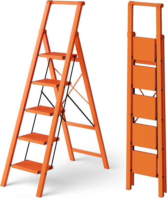 HillhutApex 5 Step Foldable Aluminum Step Ladder with Handgrip, Anti-Slip Pedal, 330 lbs Capacity, Lightweight & Portable for Home, Kitchen, Office, Garage (Orange)