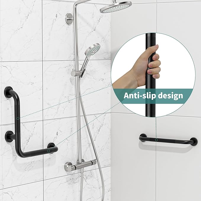 16 Inch Angled Grab Bar, iHansee Anti Slip L-Shaped Shower Grab Bar w/ 16 Inch Straight Bathroom Balance Bar, Knurled Stainless Steel Safety Handle for Seniors Elderly Injury Handicap, Matte Black