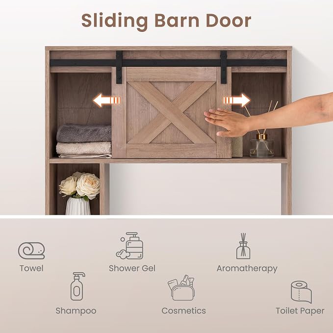 Giantex Over The Toilet Storage Cabinet - Freestanding Bathroom Organizer with Sliding Barn Door & Storage Shelves, Multifunctional Bathroom Toilet Rack for Bathroom, Restroom, Laundry (Rustic Brown)