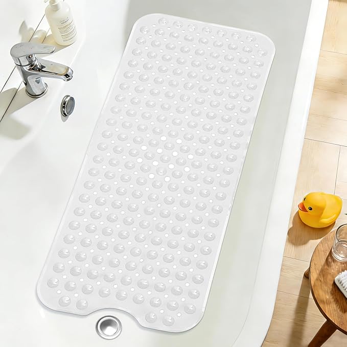 Extra Long White Bathtub Mat Non Slip, Soft Bath Mat for Tub 40 x 16 Inch Full Size, Bath Tub Shower Mats for Bathroom Floor, Big Suction Cups and Drain Holes, Easy Washable, BPA Free