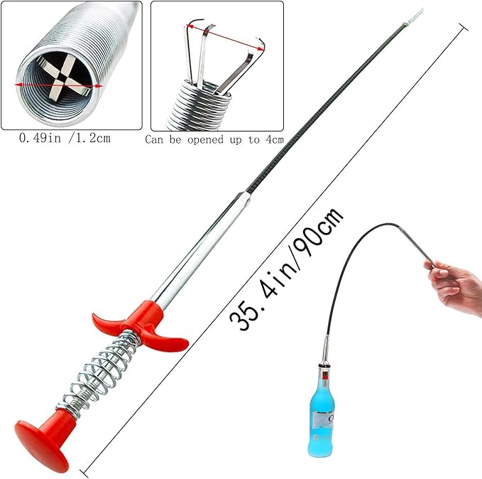 Flexible Drain Clog Remover Tool, Extra Long Plumbing Snake Hair Catcher with 4-Prong Grabber Claw, Heavy-Duty Spring Reacher for Kitchen Sink, Bathroom Tub, Sewer & Dropped Items (35 inch)