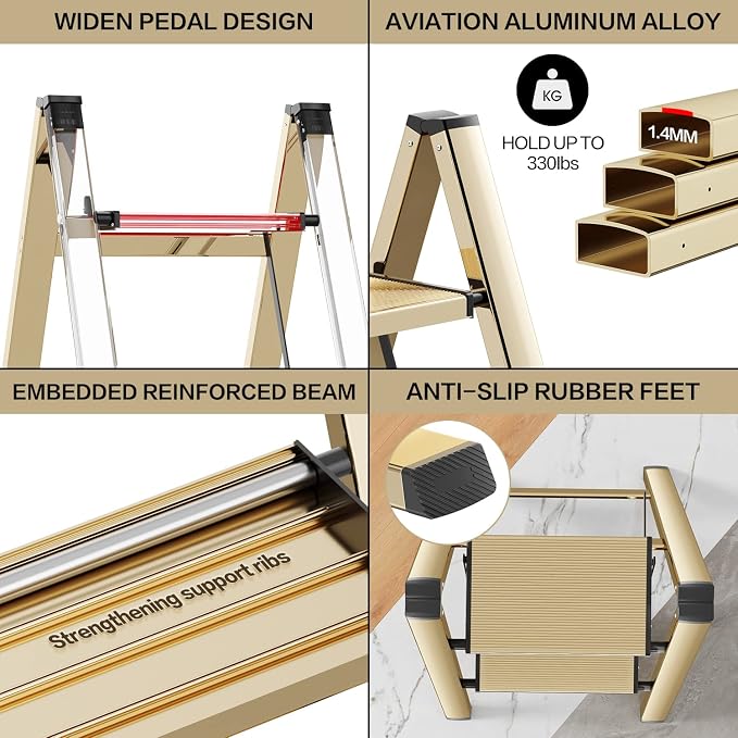 2 Step Ladder, Aluminum Folding Step Stool with Anti-Slip Sturdy and Wide Pedal, Lightweight Portable Multi-Use Stepladder for Home and Kitchen Use Space Saving, Gold, 330 lbs
