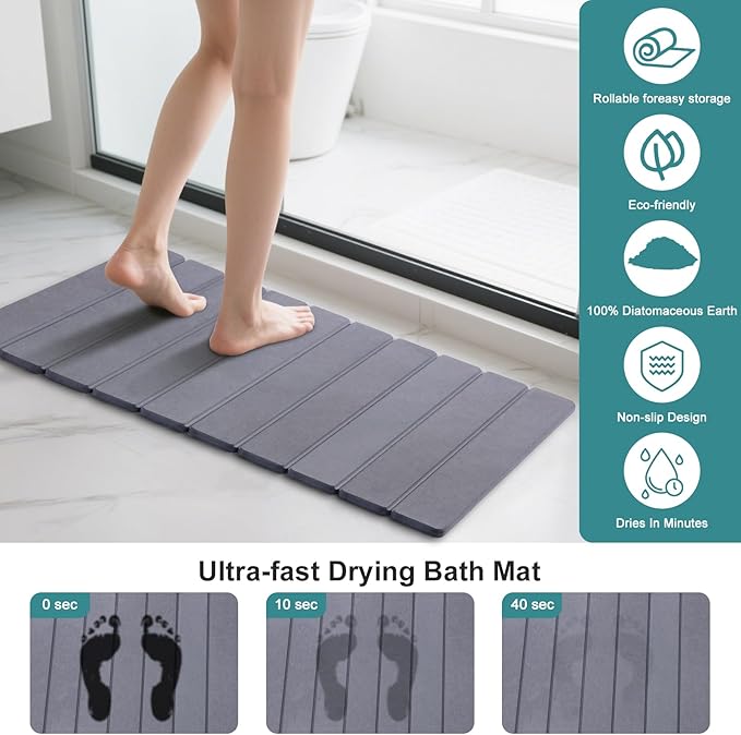Foldable Stone Bath Mat, Quick-Drying Diatomite Bath Mat | Fast-Drying Hard Stone Drying Mat for Bathroom Shower Floor, 23.6 x 15.4 inch (Dark Grey)