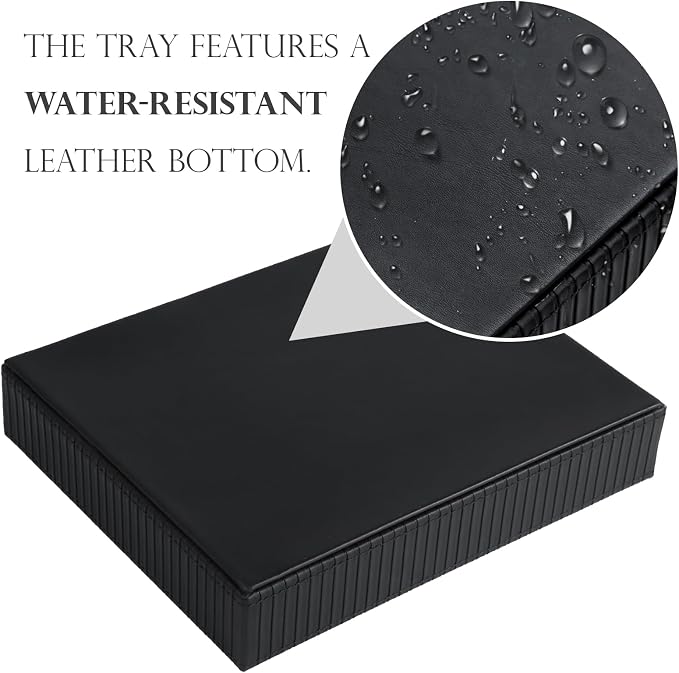 HofferRuffer Faux Leather Vanity Tray, Elegant Desktop Storage Organizer, Decorative Catchall for Perfume, Bathroom Valet, Nightstand or Dresser, 10.2 x 8.4 x 1.8 inches (Black Stripe)
