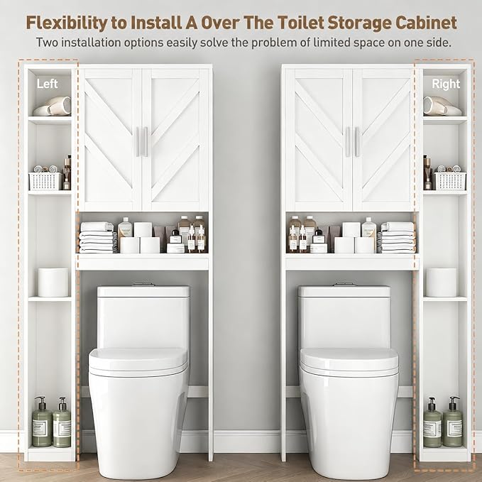 Over The Toilet Storage Cabinet with 7 Storage Shelves, Above Toilet Bathroom Organizer with Toilet Paper Holder Stand, Behind Toilet Cabinet, Space Saver for Restroom, Bathroom, Laundry, White