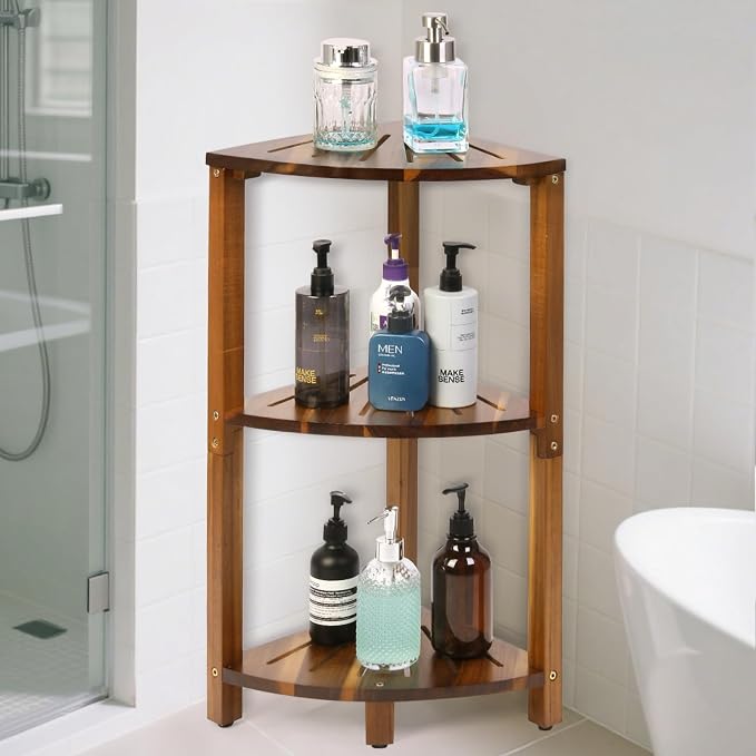 IBosins Corner Shower Caddy Standing 3-Tier Bathroom Shower Stool Shelf for Inside Shower Natural Acacia Wood Organizer & Storage for Bedroom Living Room Kitchen