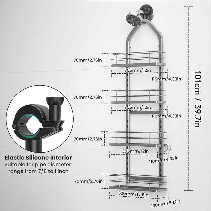 Shower Caddy Hanging (Silver), Adjustable Anti-Swing-Over The Shower Head Caddy, 4 Tier Height Bathroom Storage Organizer Bathroom Shelves Basket Rack Shower Caddies (4Tier)