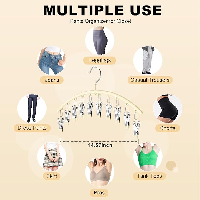 Volnamal Legging Organizer for Closet, Metal Yoga Pants Hangers 2 Pack w/10 Clips Holds 20 Leggings, Space Saving Hanging Closet Organizer w/Rubber Coated Closet Organizers and Storage, Ivory