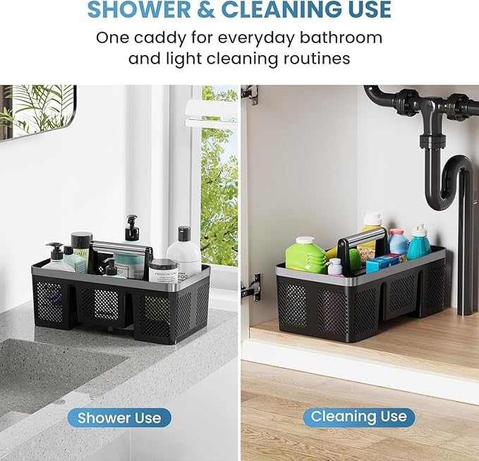BYUNER Plastic Shower Caddy Dorm: Portable Cleaning & Shower Caddy with Handle, 4 Divided Compartments, All-Side Drainage, Rigid Plastic Basket Tote for College Dorm & Bathroom Use, Black/Silver