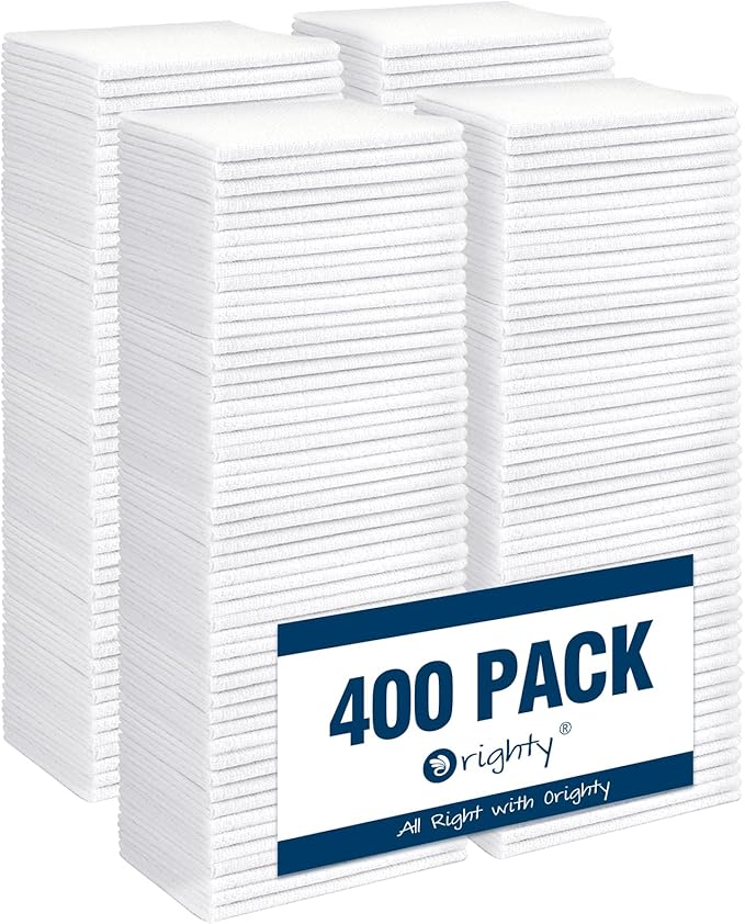 Orighty Microfiber Cleaning Cloth, 400 Pack Highly Absorbent Cleaning Rags, Household Cleaning Supplies, Reusable Microfiber Towels Lint Free Cloths for House, Kitchen, Car Care, 12x11 inch, White