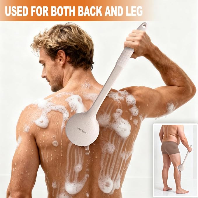 Long Handle Shower Back Scrubber,15.75 Inch Ergonomic Curved Brush with 3 Replaceable Heads with Soft and Firm Bristles,Silicone Handle for Easy Back Cleaning and Exfoliation,Bath Body Brush(Beige)