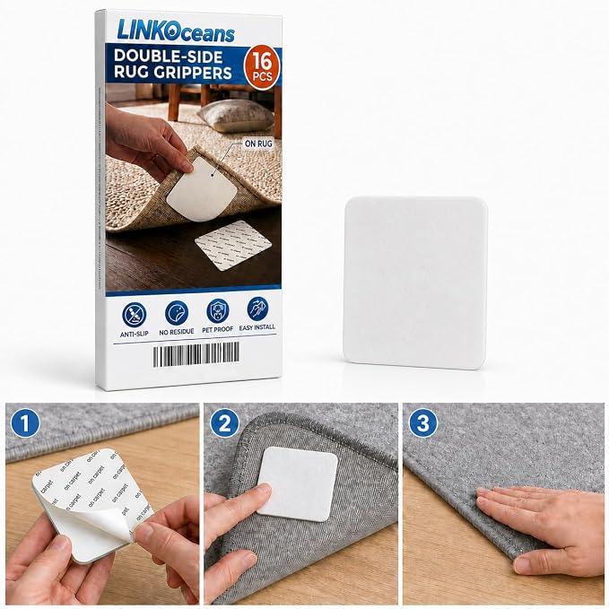16 Pcs Rug Grippers Non Slip for Hardwood Floors & Tiles, Double-Sided Reusable Carpet Tape, No Residue Rug Corner Grippers Keep Area Rugs & Corners Flat, Cuttable, Renter Friendly