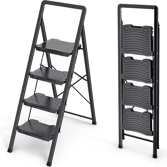 KINGRACK 4 Step Folding Ladder - Steel Step Stool with Handrail, Wide Pedal, 800 lbs Capacity – Foldable Heavy Duty Ladder for Home, Kitchen – Black