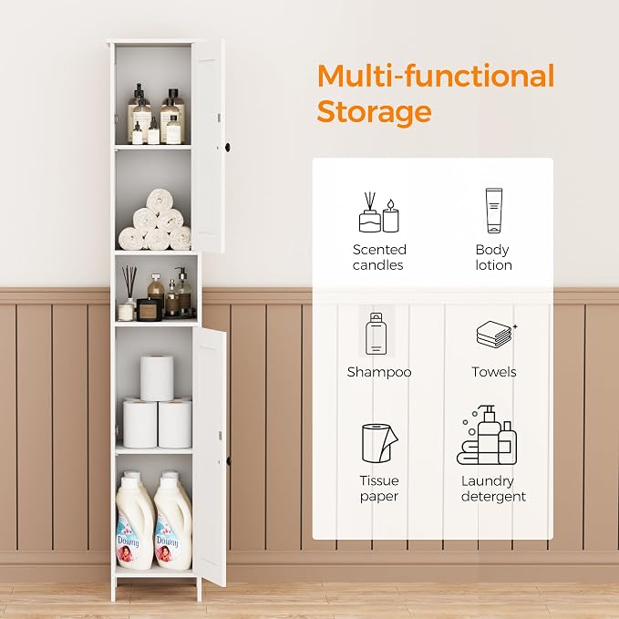 Homleke Tall Bathroom Storage Cabinet with 2 Doors, 67"H Narrow Storage Cabinet with Adjustable Shelves& Anti-Tip Design, Reversible Door Installation, Easy Assembly, 11.8 x 11.8 x 66.9 Inches, White