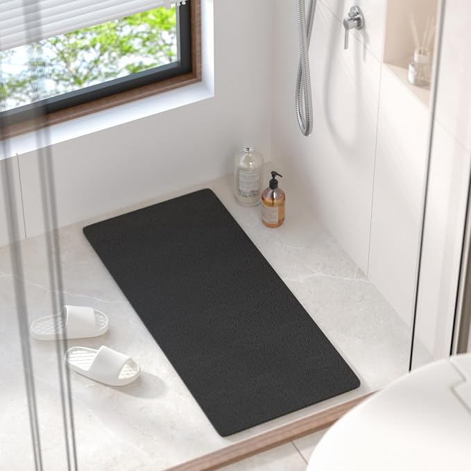 HITSLAM Bathtub Mat Non Slip, 35 x 16 Inch Long Soft PVC Loofah Shower Mat, Bath Mat for Tub Without Suction Cups, Quick Drying Bath Tub Mat for Shower and Bathroom, Easy to Clean, Black