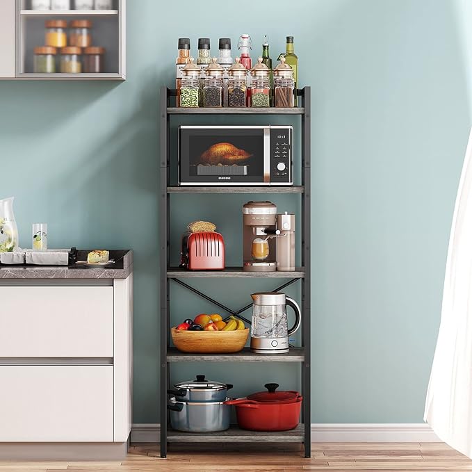 Denkee 5-Tier Bakers Rack for Kitchen with Storage, Industrial Microwave Stand Shelf, Coffee Bar for Small Spaces, Free Standing Kitchen Storage Shelf Rack, 23.62" L x 15.75" W x 60.24" H, Grey
